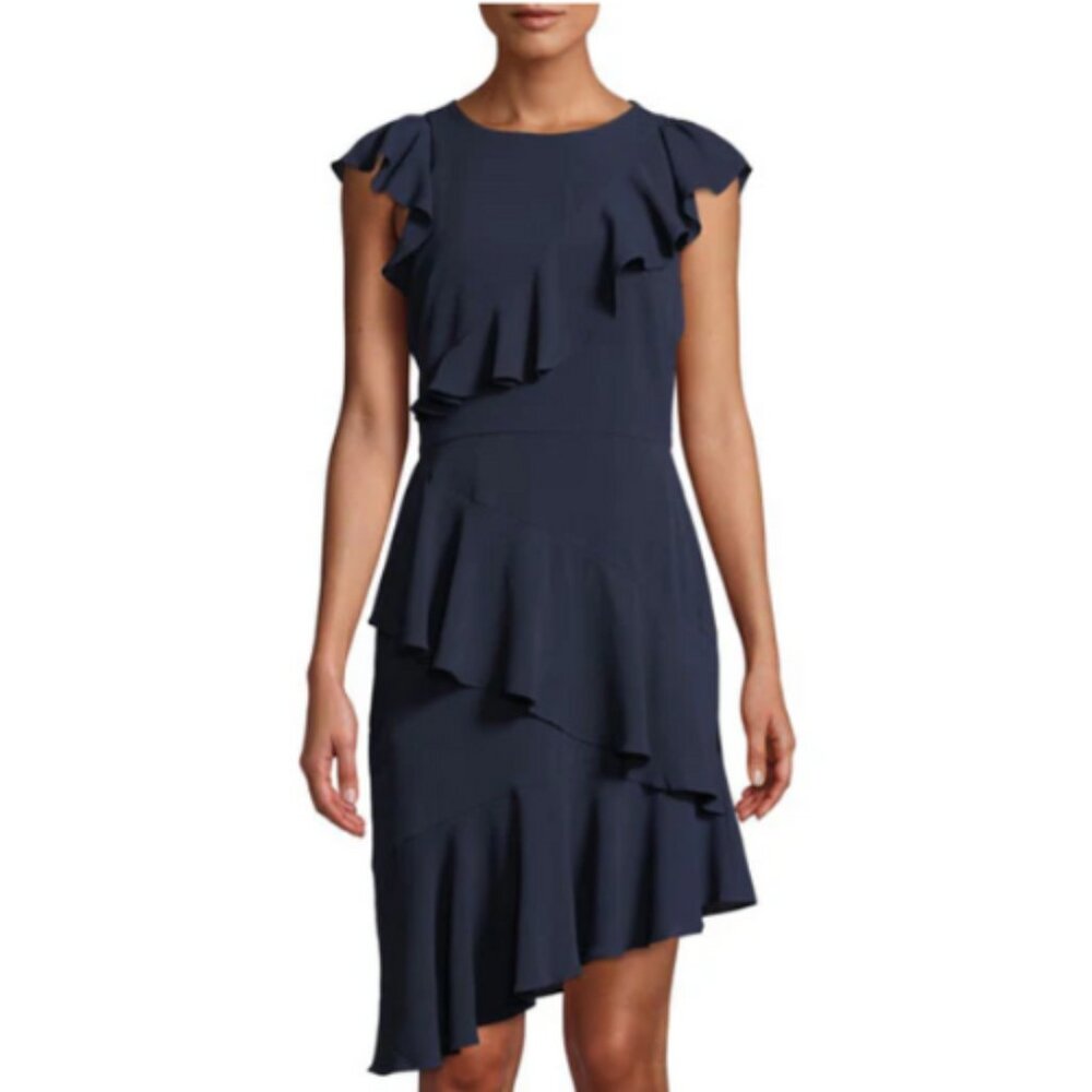 Joseph Ribkoff Navy Asymmetrical Ruffle Tiered Cocktail Dress Size 4 - Picture 11 of 11